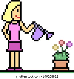 vector pixel art watering plant