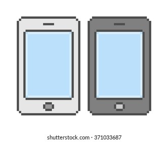 Vector pixel art white and black smartphone. Pixel smartphone for design.