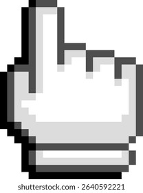 Vector pixel art white hand cursor with bold outline. Retro 8-bit computer pointer style on white background.