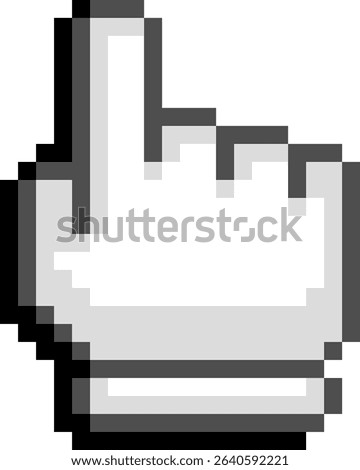 Vector pixel art white hand cursor with bold outline. Retro 8-bit computer pointer style on white background.