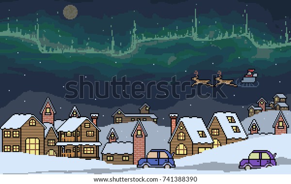 vector pixel art
winter town scene
isolated