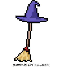 vector pixel art witch broom isolated cartoon
