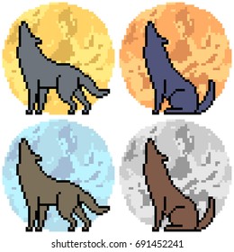 vector pixel art wolf howl set
