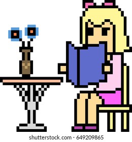 vector pixel art woman read book