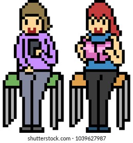 vector pixel art woman sit reading isolated cartoon