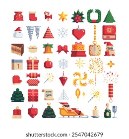 Vector pixel art Xmas icons set. Snowflake, Christmas tree, Santa, cake, bell, wreath, icicle, present bag, gifts and winter holiday elements. 8-bit design sprites collection.