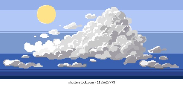 Vector pixel background with evening sky and clouds. Sky with clouds vector pixel art. Cloudscape background for retro game