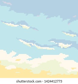 Vector pixel background with evening sky and clouds. Pixel art game location. 8 bit.