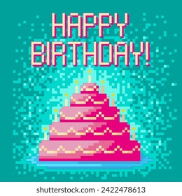 vector pixel birthday greeting card with birthday cake