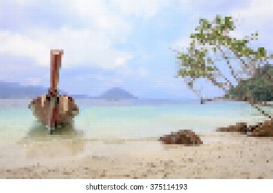 vector pixel , boat on island beach and beautiful view at southeast Thailand 