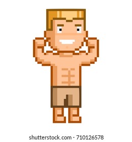 Vector pixel bodybuilder. Sport fitness man on white background.