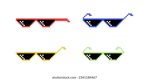 Vector Pixel Boss Gläser Icon Set in 8 Bit Retro Stil. Summer Meme Game Thug Design, Mafia Gangster Funky Sonnenbrillen. Rap Music Design Elements