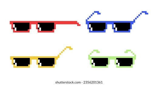 Vector Pixel Boss Gläser Icon Set in 8 Bit Retro Stil. Summer Meme Game Thug Design, Mafia Gangster Funky Sonnenbrillen. Rap Music Design Element