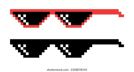 Vector Pixel Boss Glasses Icon Set in 8 bit Retro Style. Summer Meme Game Thug Design, Mafia Gangster Funky Sunglasses. Rap Music Design Element