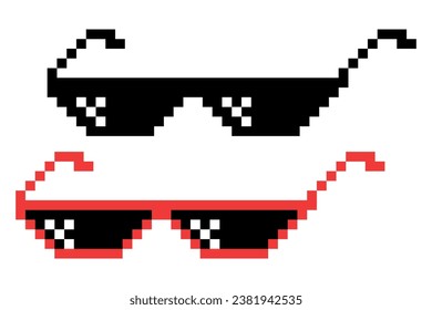 Vector Pixel Boss Gläser Icon Set in 8 Bit Retro Stil. Summer Meme Game Thug Design, Mafia Gangster Funky Sonnenbrillen. Rap Music Design Element