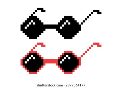 Vector Pixel Boss Glasses Icon Set in 8 bit Retro Style. Summer Meme Game Thug Design, Mafia Gangster Funky Sunglasses. Rap Music Design Element