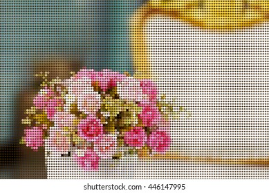 vector pixel , bouquet of pink roses in luxury living room