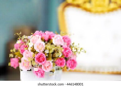 vector pixel , bouquet of pink roses in luxury living room