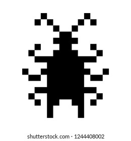 Vector pixel bug icon. Computer virus pictogram. Black bug icon isolated on white background.