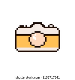 Vector pixel camera isolated on white background. 80s-90s style design illustrations - great for stickers, embroidery, badges. Photo camera cartoon badge or logotype.