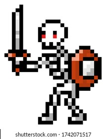 Vector pixel character. Pixel art style. Illustration of pixel skeleton with shield and sword on white background. Cartoon person to use in a computer game. Minimalistic pixel graphic with weapons