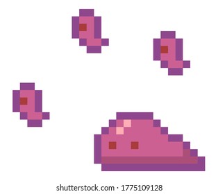 Vector pixel characters. Illustration of rose pixel aliens on white background. Set of cartoon monster objects to use in a computer game, websites. Minimalistic pixel graphic character invader