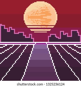 Vector of pixel city. Pixel art background. Pixel sunrise or sunset. 80s Retro Sci-Fi Background. Pixel skyline city. 8 bit.