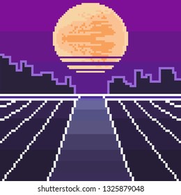 Vector of pixel city. Pixel art background. Pixel sunrise or sunset. 80s Retro Sci-Fi Background. Pixel skyline city. 8 bit.