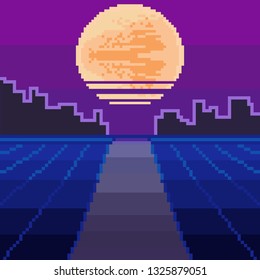 Vector of pixel city. Pixel art background. Pixel sunrise or sunset. 80s Retro Sci-Fi Background. Pixel skyline city. 8 bit.