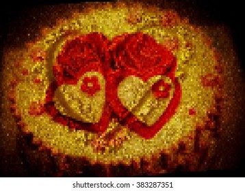 Vector pixel ; close up beautiful decorate cake and  photo in grunge style with dark background