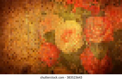 vector pixel ; close up painting bouquet of rose on wooden texture , de-focused and vintage color