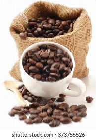 vector pixel , closeup coffee seed in sack and white mug on white background