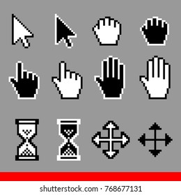 Vector Pixel Computer Cursor Icons Set. Arrow, Pointer, Palm, Drag, Move, Hourglass, Hand Cursor. Black And White EPS 10 Illustrations.