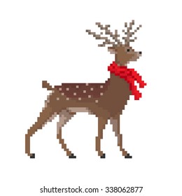 Vector pixel deer in red scarf isolated on white background. Christmas illustration.