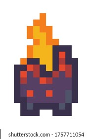 Vector pixel fireplace. Pixel art style 8-bit. Illustration of pixel object with a fire on white background. Cartoon hearth to use in a computer game. Minimalistic pixel graphic burning facility