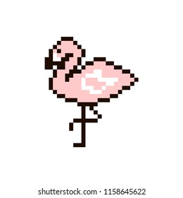 Vector pixel flamingo isolated on white background. 80s-90s style design illustrations - great for stickers, embroidery, badges. Bird cartoon badge or logotype.