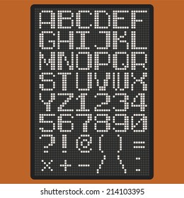 Vector pixel font with uppercase letters of latin charset punctuation marks and numbers