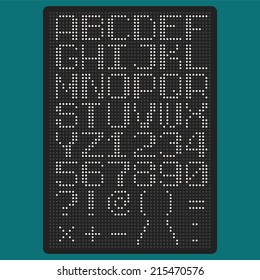 Vector pixel font with uppercase letters of latin charset punctuation marks and numbers