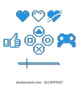 Vector pixel glitch icons for retro games. Includes hearts, sword, controller, and UI buttons. Perfect for 8bit and 16bit game design, pixel style interfaces, and old school visuals.