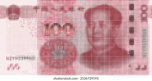 Vector pixel with halftone effect banknote, denomination of 100 chinese yuan. Mosaic, many dots. Abstract money of China. Obverse of note.