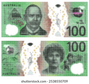 Pixel de Vector con efecto semitono color billete, denominación de 100 Dólares Australianos. Mosaico, muchos puntos. Dinero Abstractas de Australia. Anverso y reverso de la nota.