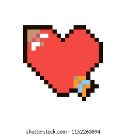 Vector pixel heart with arrow isolated on white background. 80s-90s style design illustrations - great for stickers, embroidery, badges. Heart cartoon badge or logotype.