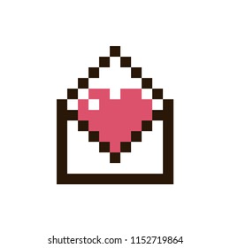 Vector pixel heart in an envelope isolated on white background. 80s-90s style design illustrations - great for stickers, embroidery, badges. Heart message cartoon badge or logotype.