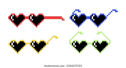 Vector Pixel Heart Shaped Boss Glass Icon Set in 8 Bit Retro Style. Summer Meme Game Thug Design, Mafia Gangster Funky Sonnenbrillen. Rap Music Design Element