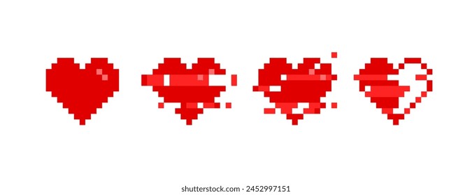 Vector Pixel Hearts icons set with glitch effect animation in retro 8-bit video game style - isolated vector on background	
