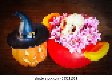 vector pixel , horror pumpkin and skull on wooden background
