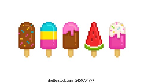 Vector Pixel Ice Cream colorful set № 1 in retro game style. Perfect Pixel Rainbow Ice Сream on a stick and ice cream popsicle - editable vector icons collection (1)