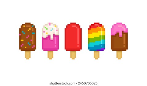 Vector Pixel helado colorido conjunto № 2 en estilo de juego retro. Perfecto Pixel Rainbow Ice Сresma en un palo y helado popsicle - colección de iconos vectoriales editables (2)