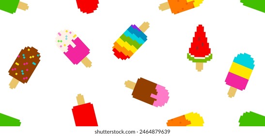 Vector Pixel Ice Cream colorful seamless pattern background in retro game style. Perfect Pixel Ice Сream on a stick and ice cream popsicle decorative pattern for print fabric, textile, menu cover