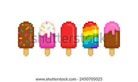 Vector Pixel Ice Cream colorful set № 2 in retro game style. Perfect Pixel Rainbow Ice Сream on a stick and ice cream popsicle - editable vector icons collection (2)